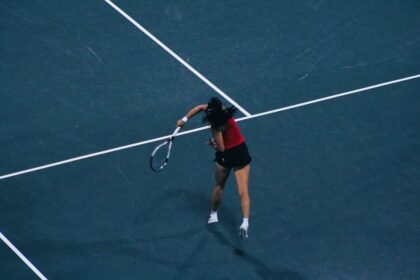 Emma Dong (Georgia) his shot at Magill Tennis Center in Athens, Georgia in match versus Texas A&M in 2026 NCAA Semifinals.