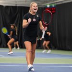 No. 2 Luciana Perry (Ohio State) celebrates during doubles match at ITA All Americans (Erez Aidlin).