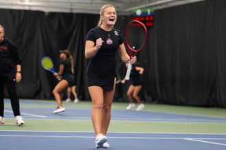 No. 2 Luciana Perry (Ohio State) celebrates during doubles match at ITA All Americans (Erez Aidlin).
