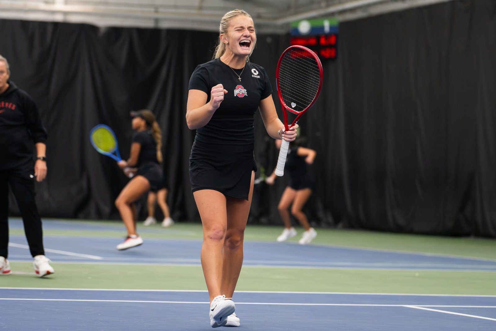 No. 2 Luciana Perry (Ohio State) celebrates during doubles match at ITA All Americans (Erez Aidlin).