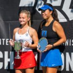 Mimi Xu and Luciana Perry receive trophies for being ITA All Americans finalists.