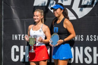 Mimi Xu and Luciana Perry receive trophies for being ITA All Americans finalists.